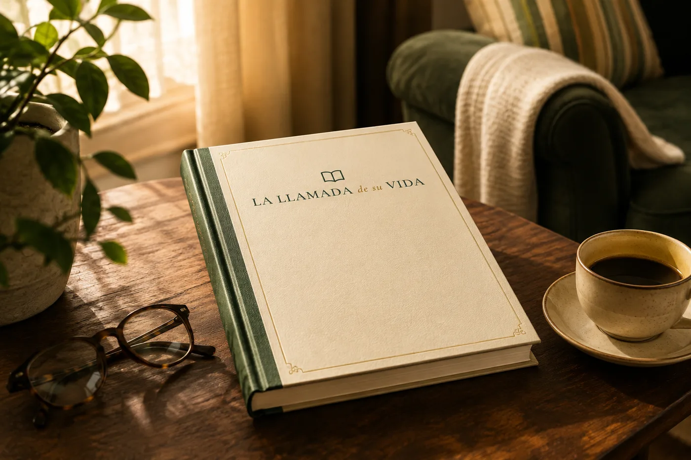 Recreación del libro de memorias: tapa crema con lomo verde y el título La Llamada de Su Vida grabado, sobre una mesa junto a unas gafas y un café